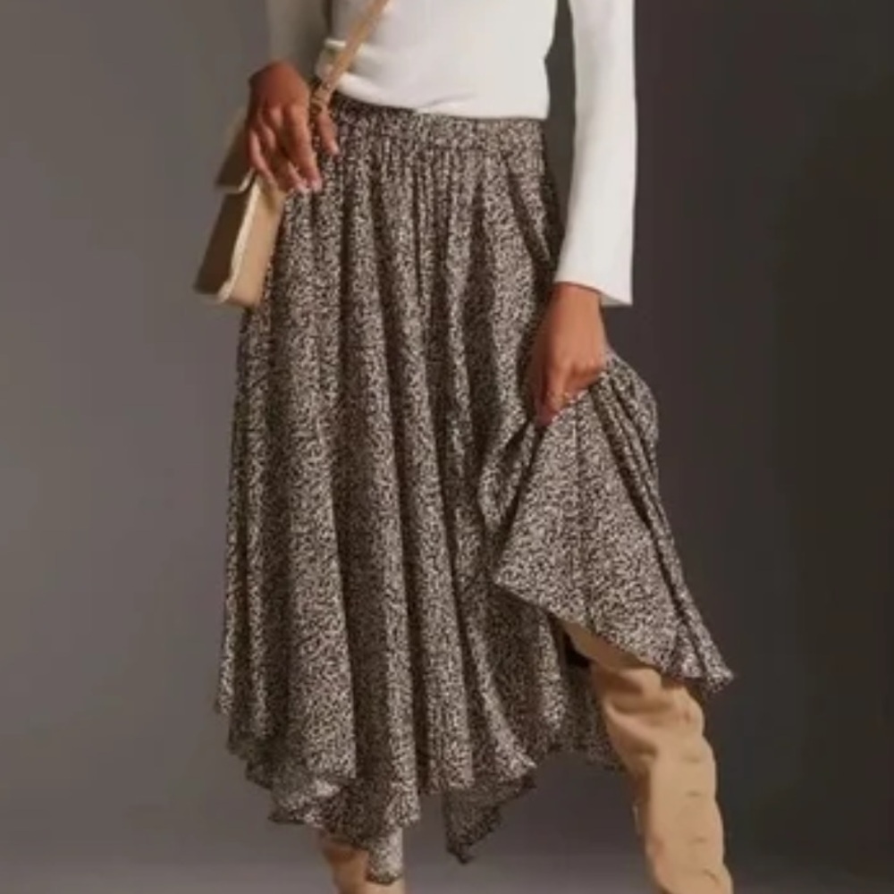 Anthropologie S Printed Pockets Handkerchief Hem Pull On Sleek A-Line Midi Skirt